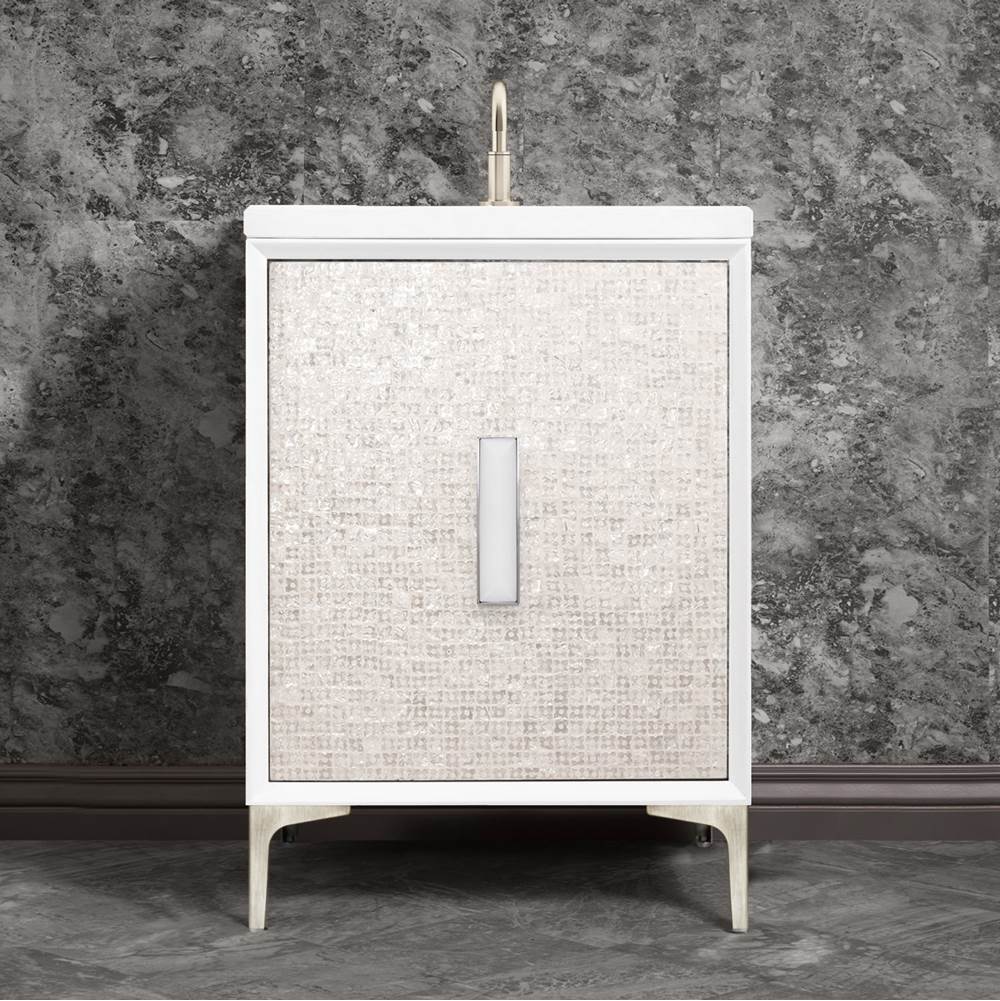 Linkasink - MOTHER OF PEARL with 8'' Artisan Glass Prism Hardware 24'' Wide Vanity, White, Satin Nickel Hardware, 24'' x 22'' x 33.5'' (without vanity top) - Satin Nickel with White Prism Glass