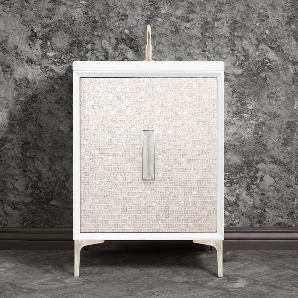 Linkasink - MOTHER OF PEARL with 8'' Artisan Glass Prism Hardware 24'' Wide Vanity, White, Satin Nickel Hardware, 24'' x 22'' x 33.5'' (without vanity top) - Satin Nickel with Ã‰glomisÃ© Prism Glass