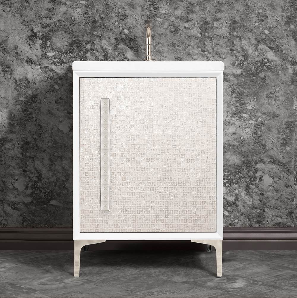 Linkasink - MOTHER OF PEARL with 18'' Artisan Glass Pyramid Hardware 24'' Wide Vanity, White, Polished Nickel Hardware, 24'' x 22'' x 33.5'' (without vanity top) - Polished Nickel with Ã‰glomisÃ© Pyramid Glass