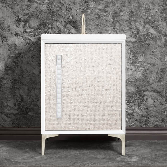 Linkasink - MOTHER OF PEARL with 18'' Artisan Glass Pyramid Hardware 24'' Wide Vanity, White, Satin Nickel Hardware, 24'' x 22'' x 33.5'' (without vanity top) - Satin Nickel with White Pyramid Glass