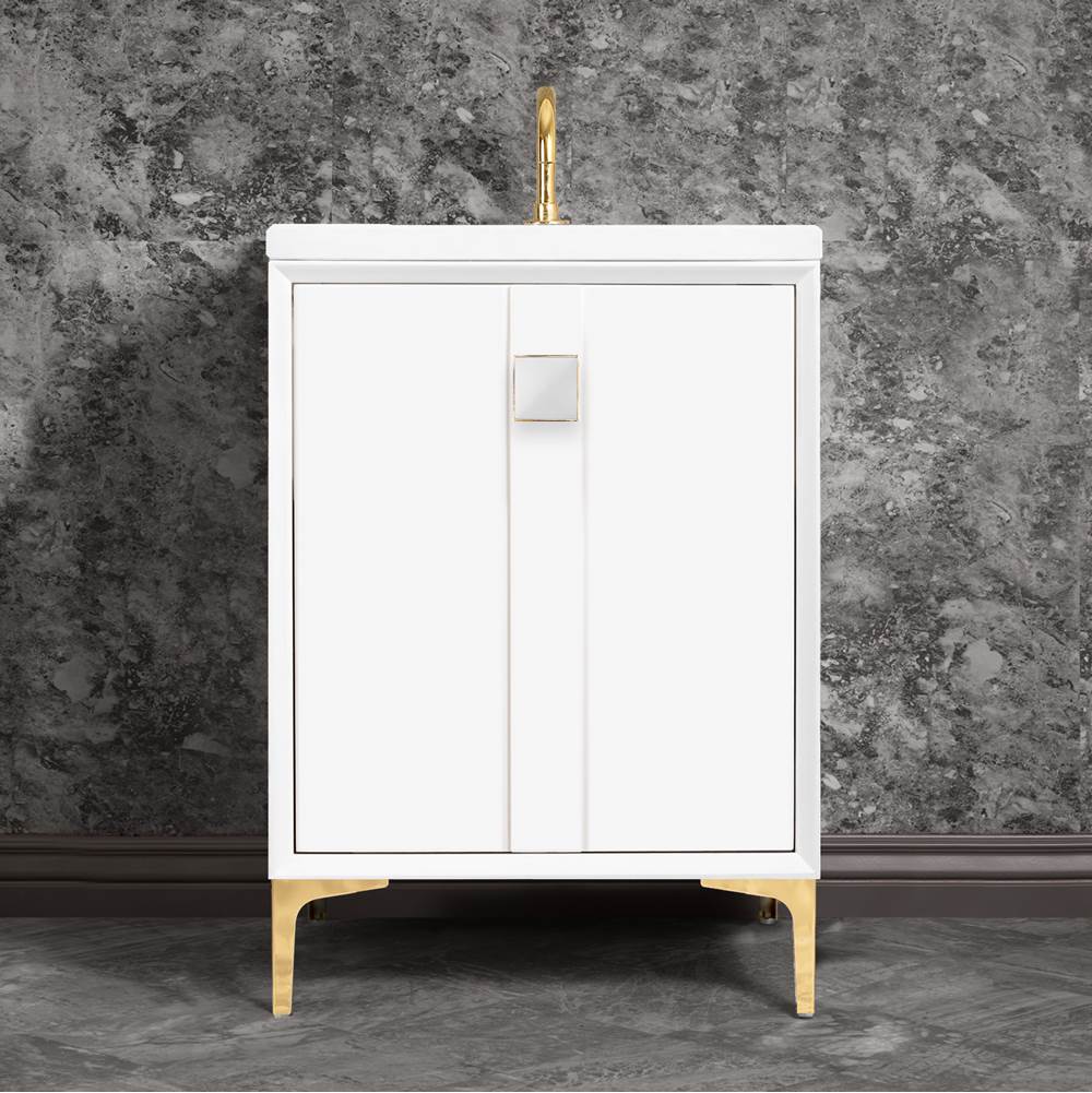 Linkasink - TUXEDO with 3'' Artisan Glass Prism Hardware 24'' Wide Vanity, White, Polished Brass Hardware, 24'' x 22'' x 33.5'' (without vanity top) - Polished Brass with White Prism Glass