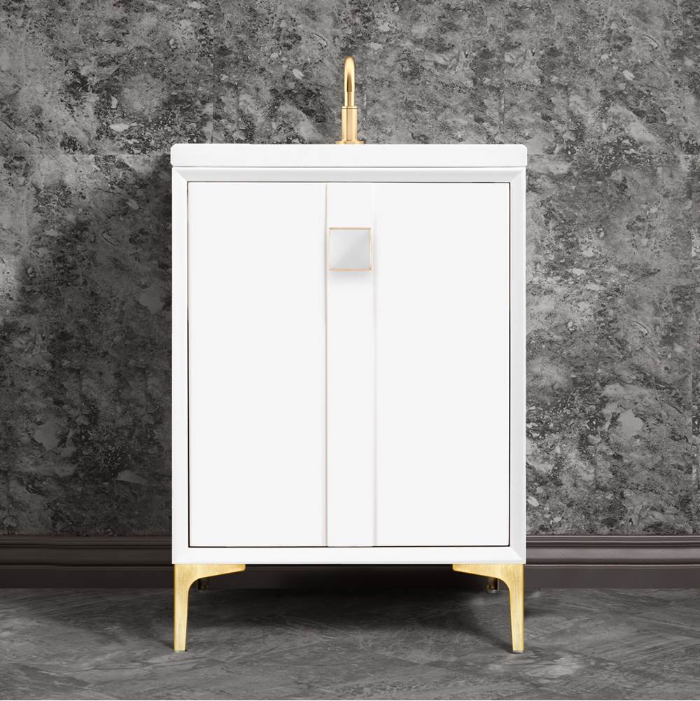 Linkasink - TUXEDO with 3'' Artisan Glass Prism Hardware 24'' Wide Vanity, White, Satin Brass Hardware, 24'' x 22'' x 33.5'' (without vanity top) - Satin Brass with White Prism Glass