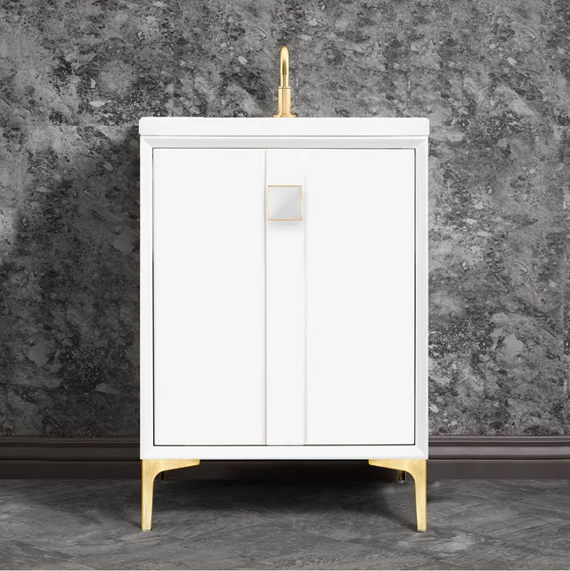 Linkasink - TUXEDO with 3'' Artisan Glass Prism Hardware 24'' Wide Vanity, White, Satin Brass Hardware, 24'' x 22'' x 33.5'' (without vanity top) - Satin Brass with White Prism Glass