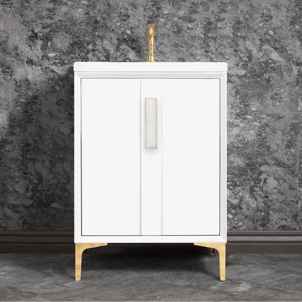 Linkasink - TUXEDO with 8'' Artisan Glass Prism Hardware 24'' Wide Vanity, White, Polished Brass Hardware, 24'' x 22'' x 33.5'' (without vanity top) - Polished Brass with White Prism Glass