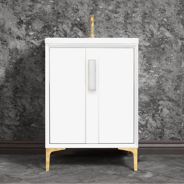 Linkasink - TUXEDO with 8'' Artisan Glass Prism Hardware 24'' Wide Vanity, White, Polished Brass Hardware, 24'' x 22'' x 33.5'' (without vanity top) - Polished Brass with White Prism Glass