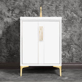 Linkasink - Tuxedo with 8'' White Tiger Artisan Glass Prism, 24'' Wide Vanity, White, Satin Brass Hardware with White Glass, 24'' x 22'' x 33.5'' (without vanity top) - Satin Brass with White Tiger Prism Glass