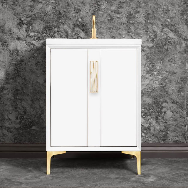 Linkasink - Tuxedo with 8'' White Tiger Artisan Glass Prism, 24'' Wide Vanity, White, Satin Brass Hardware with White Glass, 24'' x 22'' x 33.5'' (without vanity top) - Satin Brass with White Tiger Prism Glass