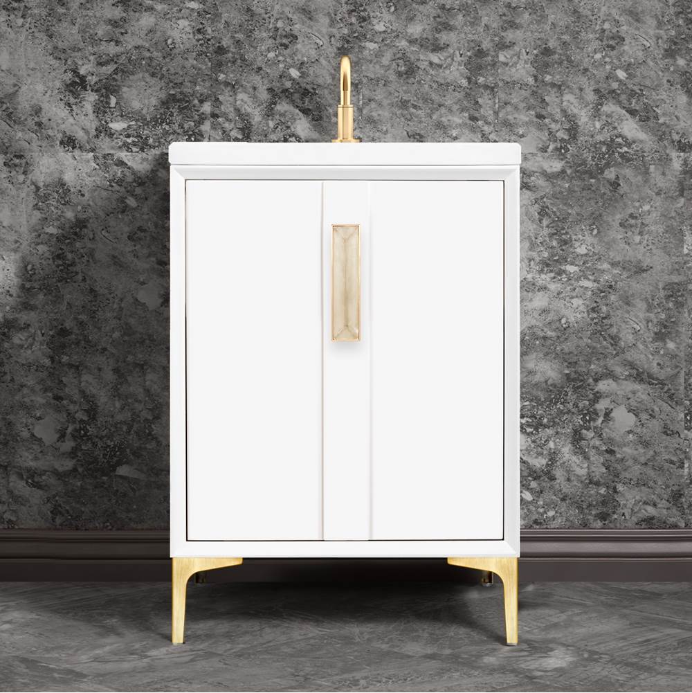 Linkasink - TUXEDO with 8'' Artisan Glass Prism Hardware 24'' Wide Vanity, White, Satin Brass Hardware, 24'' x 22'' x 33.5'' (without vanity top) - Satin Brass with Eglomise Prism Glass