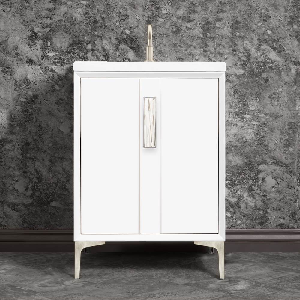 Linkasink - TUXEDO with 8'' Artisan Glass Prism Hardware 24'' Wide Vanity, White, Satin Nickel Hardware, 24'' x 22'' x 33.5'' (without vanity top) - Satin Nickel with White Tiger Prism Glass