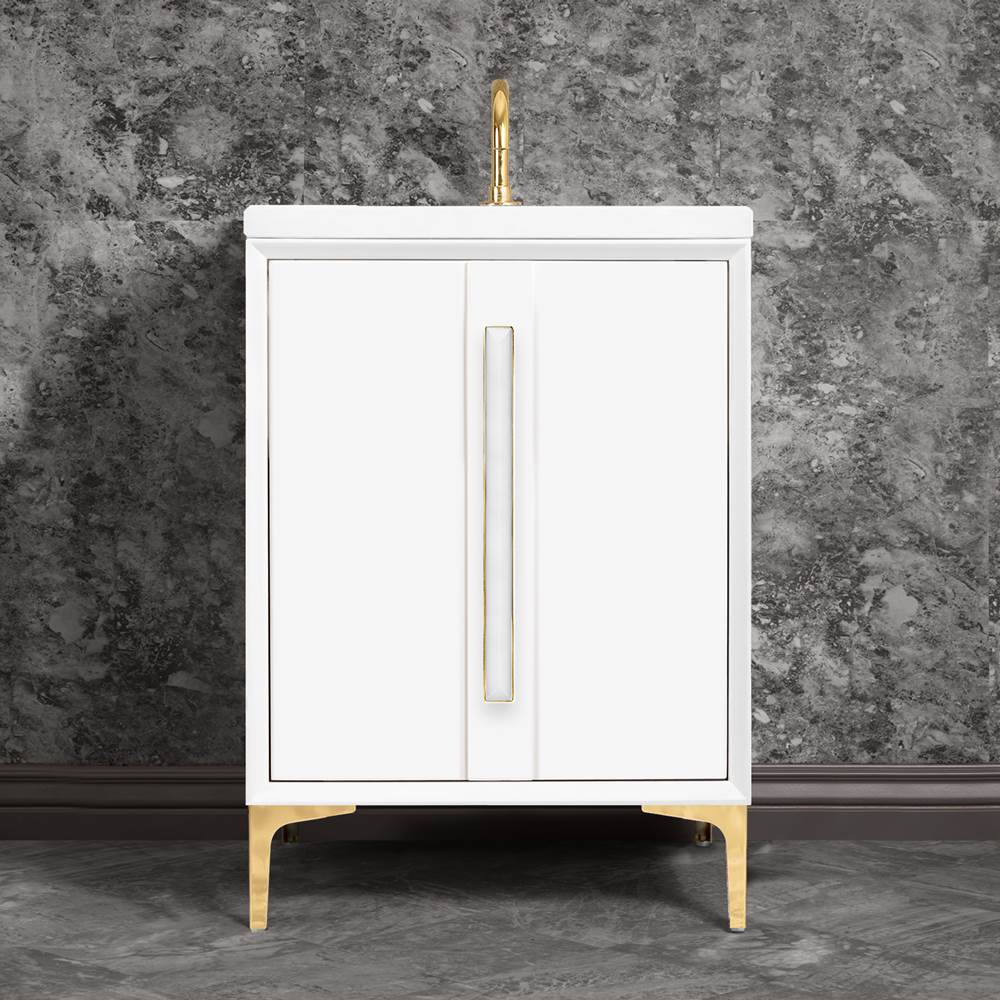Linkasink - TUXEDO with 18'' Artisan Glass Prism Hardware 24'' Wide Vanity, White, Polished Brass Hardware, 24'' x 22'' x 33.5'' (without vanity top) - Polished Brass with White Prism Glass