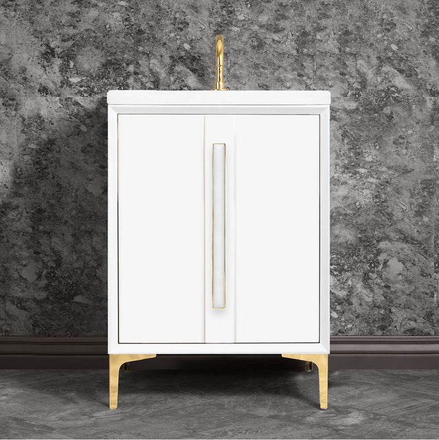 Linkasink - TUXEDO with 18'' Artisan Glass Prism Hardware 24'' Wide Vanity, White, Polished Brass Hardware, 24'' x 22'' x 33.5'' (without vanity top) - Polished Brass with White Prism Glass