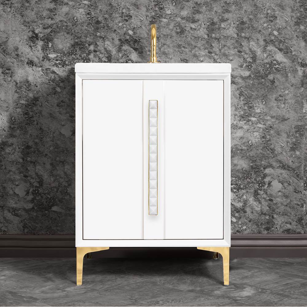 Linkasink - TUXEDO with 18'' Artisan Glass Pyramid Hardware 24'' Wide Vanity, White, Polished Brass Hardware, 24'' x 22'' x 33.5'' (without vanity top) - Polished Brass with White Pyramid Glass