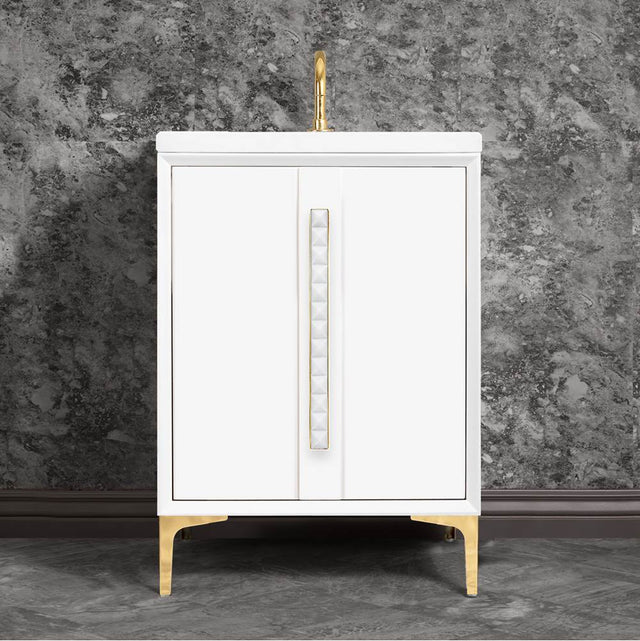 Linkasink - TUXEDO with 18'' Artisan Glass Pyramid Hardware 24'' Wide Vanity, White, Polished Brass Hardware, 24'' x 22'' x 33.5'' (without vanity top) - Polished Brass with White Pyramid Glass