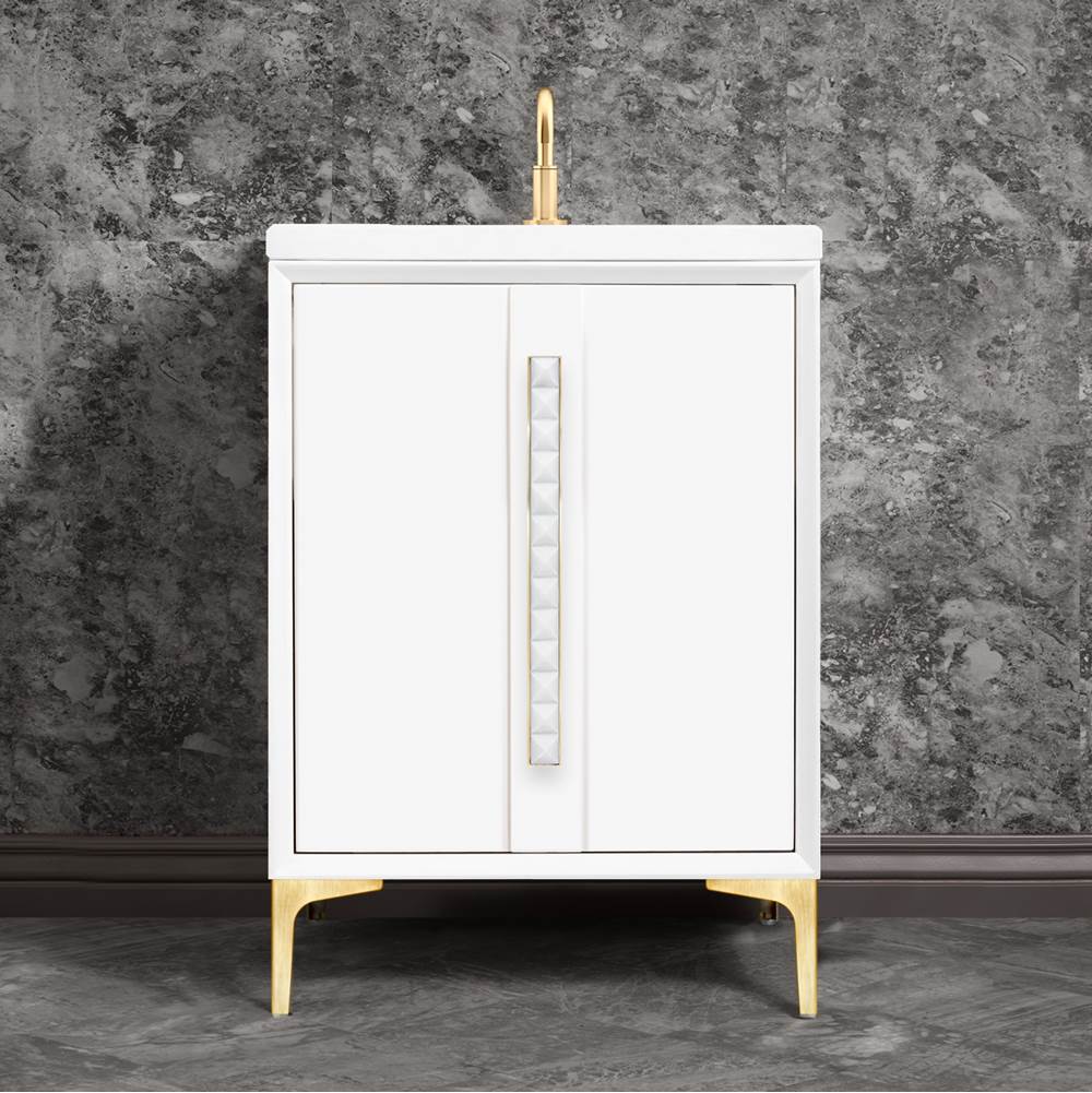 Linkasink - TUXEDO with 18'' Artisan Glass Pyramid Hardware 24'' Wide Vanity, White, Satin Brass Hardware, 24'' x 22'' x 33.5'' (without vanity top) - Satin Brass with White Pyramid Glass