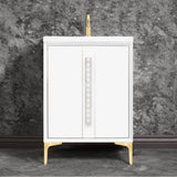 Linkasink - TUXEDO with 18'' Artisan Glass Pyramid Hardware 24'' Wide Vanity, White, Satin Brass Hardware, 24'' x 22'' x 33.5'' (without vanity top) - Satin Brass with White Pyramid Glass