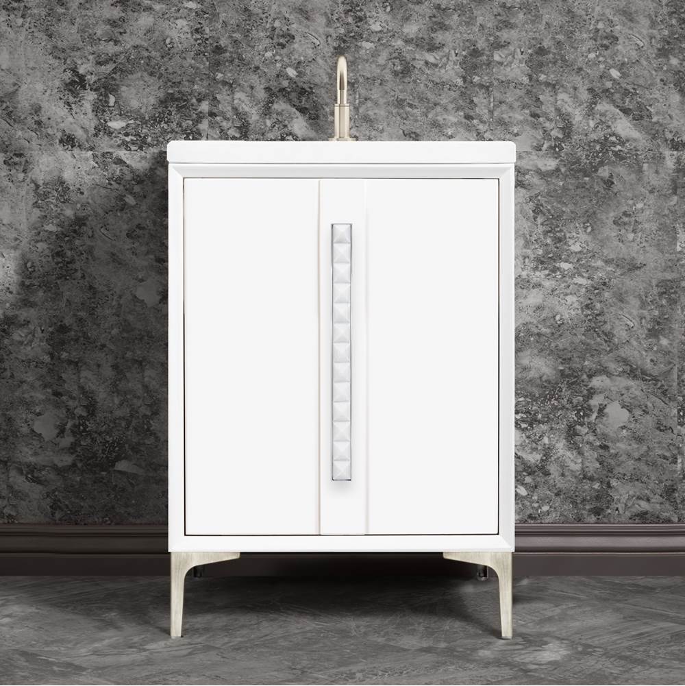 Linkasink - TUXEDO with 18'' Artisan Glass Pyramid Hardware 24'' Wide Vanity, White, Satin Nickel Hardware, 24'' x 22'' x 33.5'' (without vanity top) - Satin Nickel with White Pyramid Glass