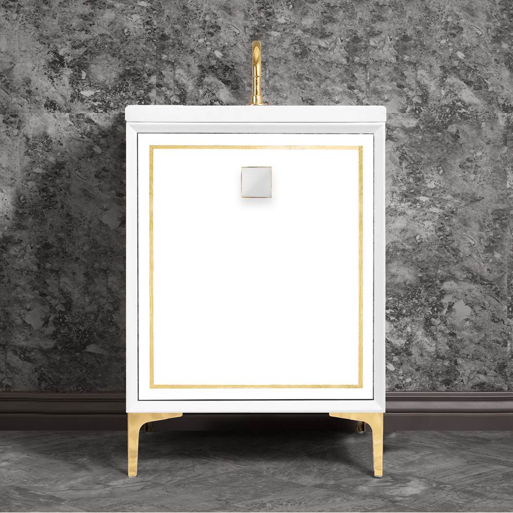 Linkasink - LINEA with 3'' Artisan Glass Prism Hardware 24'' Wide Vanity, White, Polished Brass Hardware, 24'' x 22'' x 33.5'' (without vanity top) - Polished Brass with White Prism Glass