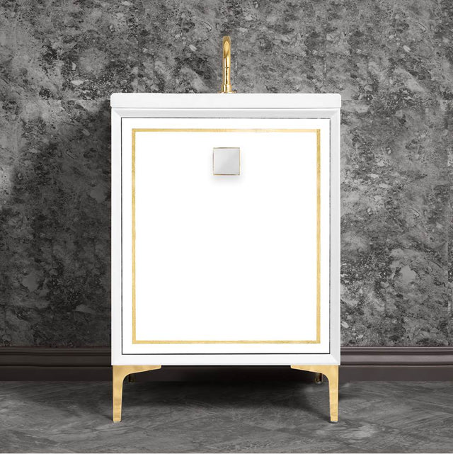 Linkasink - LINEA with 3'' Artisan Glass Prism Hardware 24'' Wide Vanity, White, Polished Brass Hardware, 24'' x 22'' x 33.5'' (without vanity top) - Polished Brass with White Prism Glass