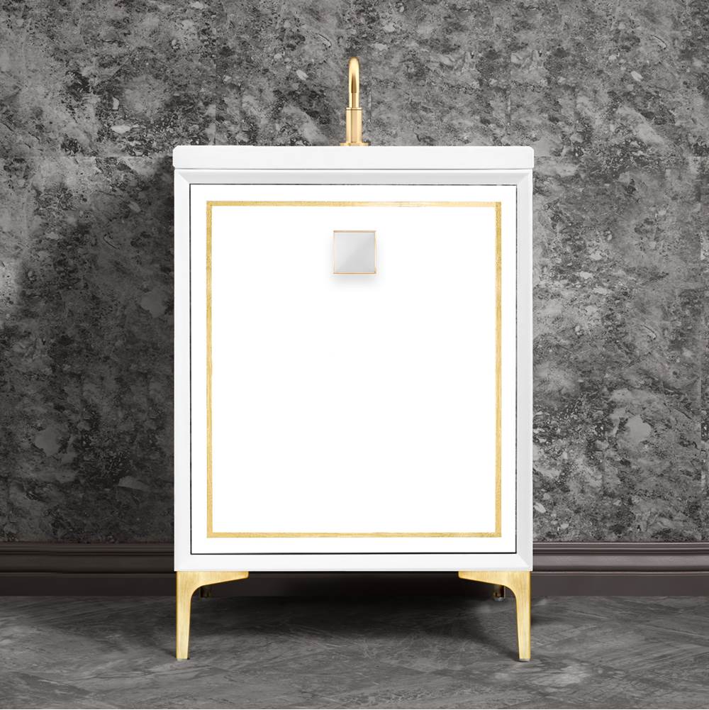 Linkasink - LINEA with 3'' Artisan Glass Prism Hardware 24'' Wide Vanity, White, Satin Brass Hardware, 24'' x 22'' x 33.5'' (without vanity top) - Satin Brass with White Prism Glass