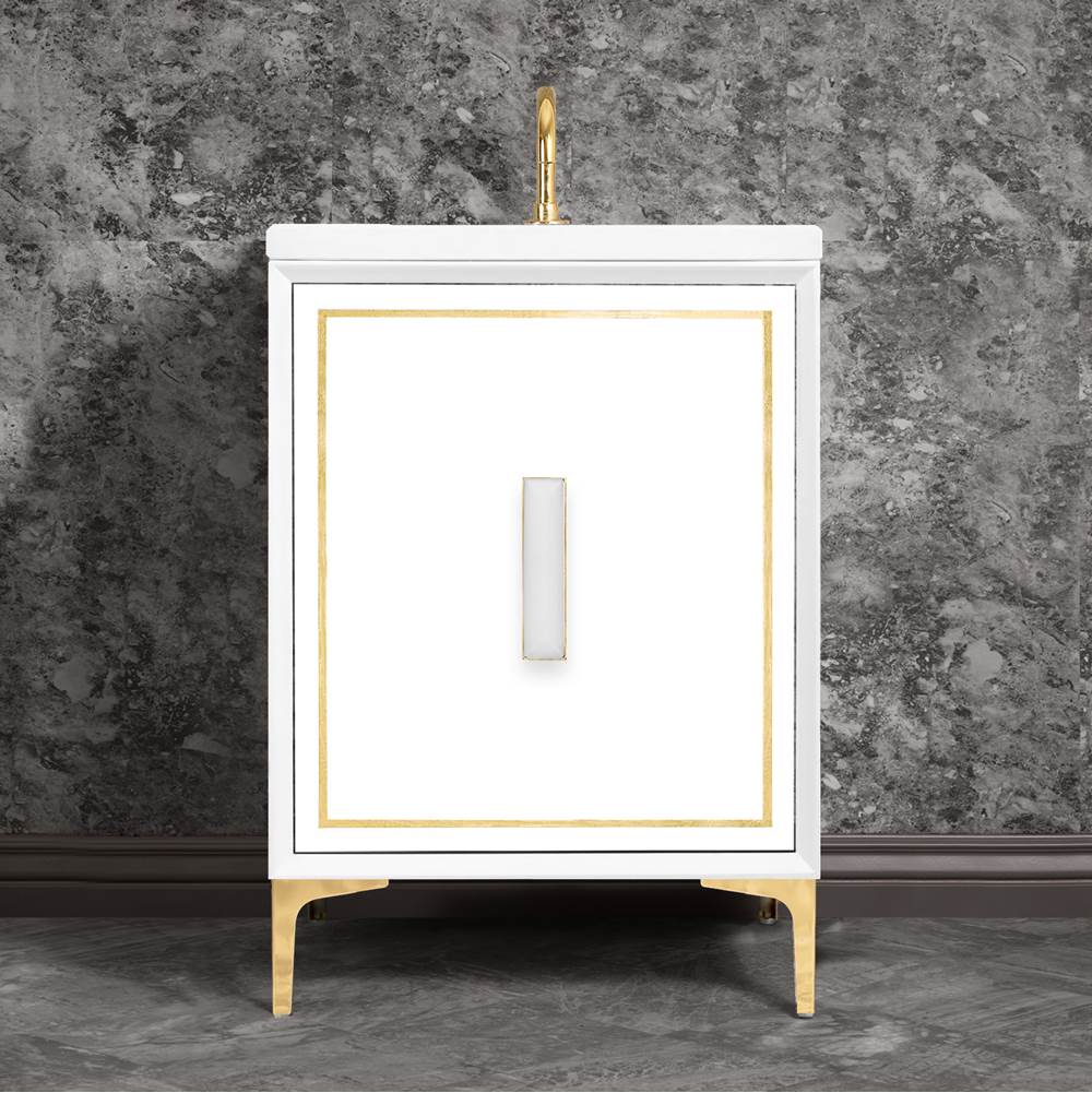 Linkasink - LINEA with 8'' Artisan Glass Prism Hardware 24'' Wide Vanity, White, Polished Brass Hardware, 24'' x 22'' x 33.5'' (without vanity top) - Polished Brass with White Prism Glass