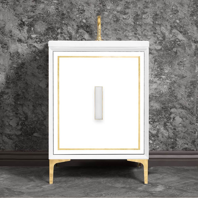Linkasink - LINEA with 8'' Artisan Glass Prism Hardware 24'' Wide Vanity, White, Polished Brass Hardware, 24'' x 22'' x 33.5'' (without vanity top) - Polished Brass with White Prism Glass