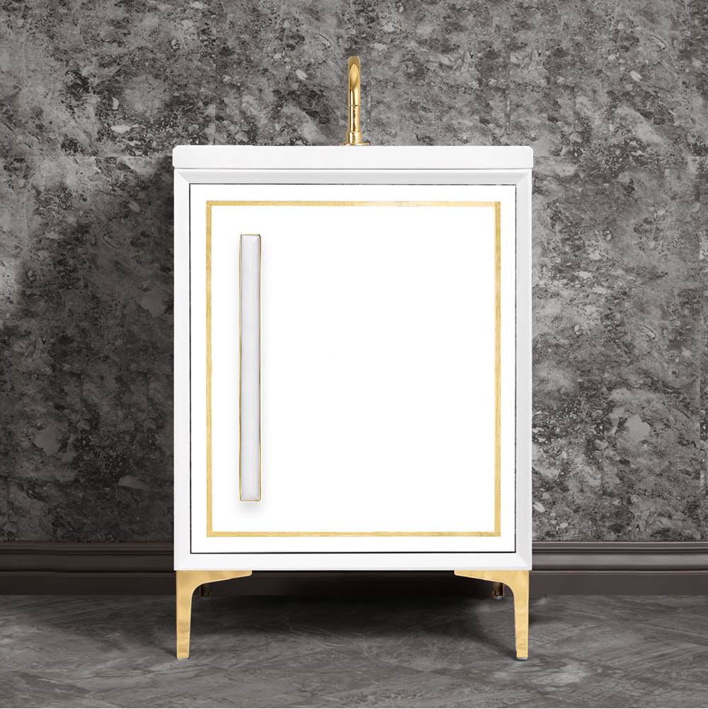 Linkasink - LINEA with 18'' Artisan Glass Prism Hardware 24'' Wide Vanity, White, Polished Brass Hardware, 24'' x 22'' x 33.5'' (without vanity top) - Polished Brass with White Prism Glass