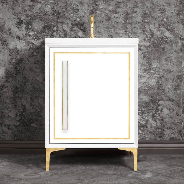 Linkasink - LINEA with 18'' Artisan Glass Prism Hardware 24'' Wide Vanity, White, Polished Brass Hardware, 24'' x 22'' x 33.5'' (without vanity top) - Polished Brass with White Prism Glass