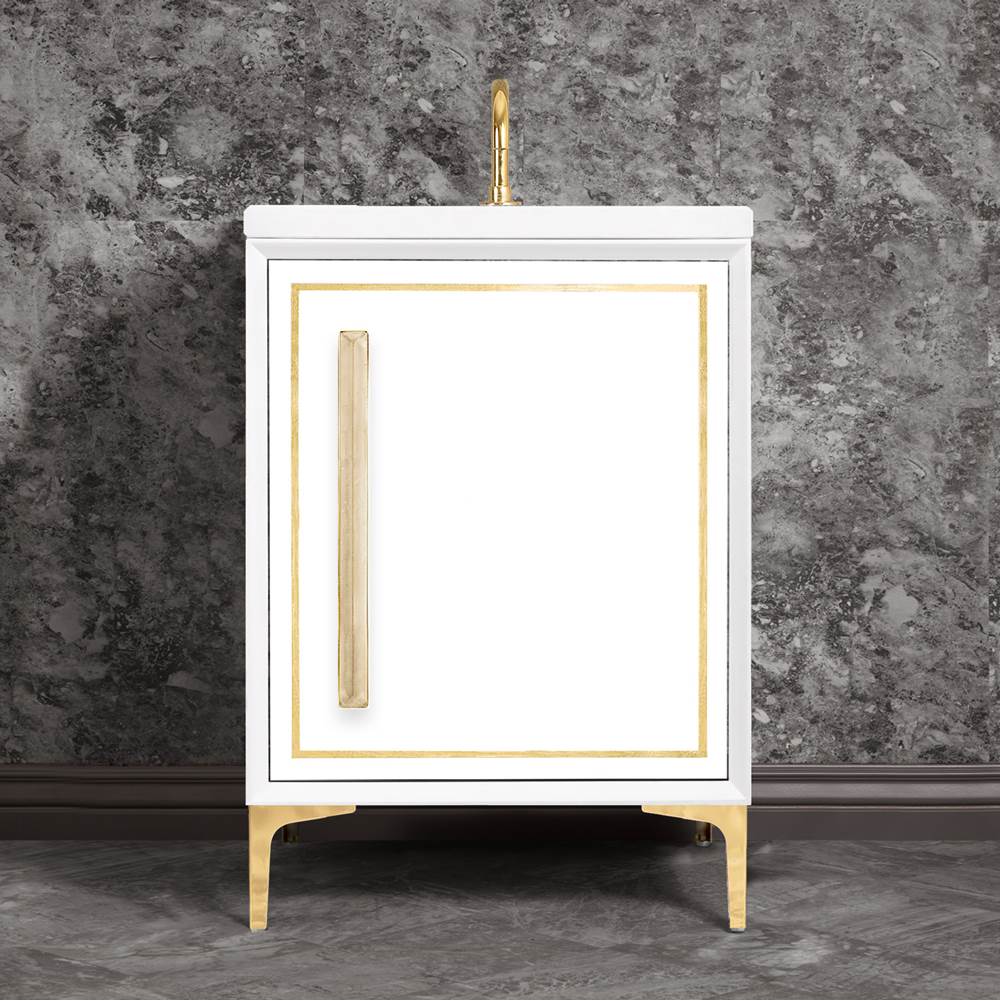 Linkasink - LINEA with 18'' Artisan Glass Prism Hardware 24'' Wide Vanity, White, Polished Brass Hardware, 24'' x 22'' x 33.5'' (without vanity top) - Polished Brass with Eglomise Prism Glass