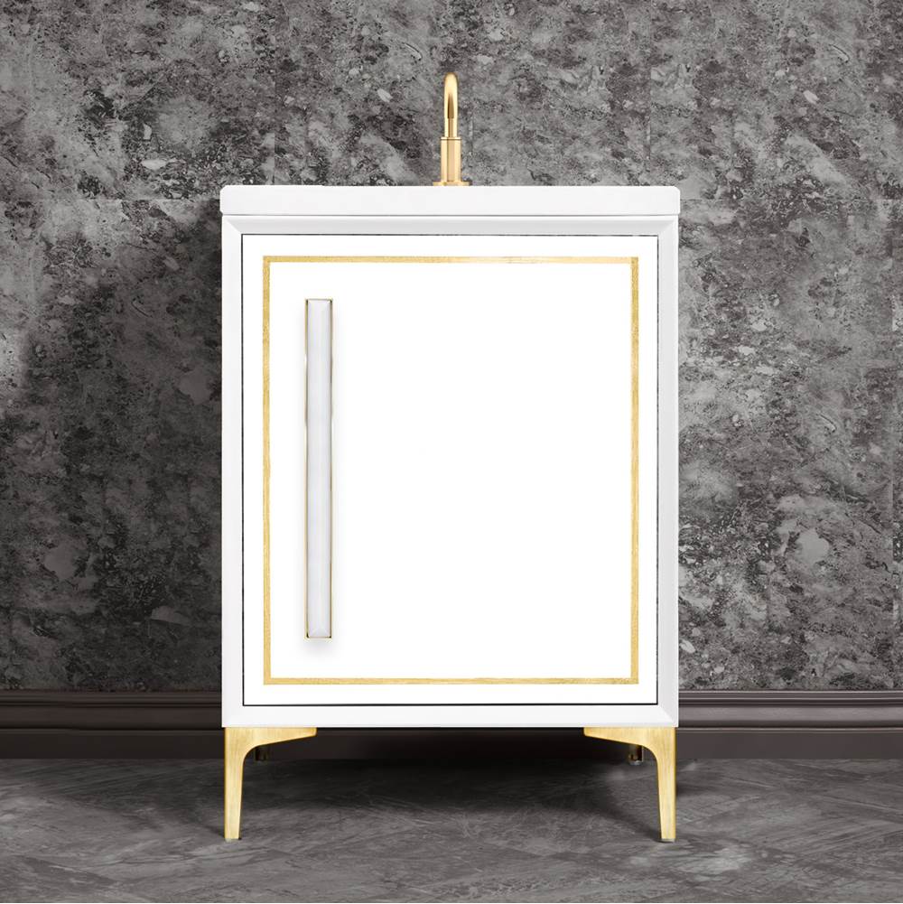 Linkasink - LINEA with 18'' Artisan Glass Prism Hardware 24'' Wide Vanity, White, Satin Brass Hardware, 24'' x 22'' x 33.5'' (without vanity top) - Satin Brass with White Prism Glass
