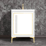 Linkasink - LINEA with 18'' Artisan Glass Prism Hardware 24'' Wide Vanity, White, Satin Brass Hardware, 24'' x 22'' x 33.5'' (without vanity top) - Satin Brass with White Prism Glass