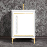Linkasink - LINEA with 18'' Artisan Glass Pyramid Hardware 24'' Wide Vanity, White, Polished Brass Hardware, 24'' x 22'' x 33.5'' (without vanity top) - Polished Brass with White Pyramid Glass