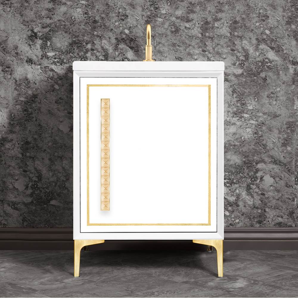 Linkasink - LINEA with 18'' Artisan Glass Pyramid Hardware 24'' Wide Vanity, White, Satin Brass Hardware, 24'' x 22'' x 33.5'' (without vanity top) - Satin Brass with Ã‰glomisÃ© Pyramid Glass