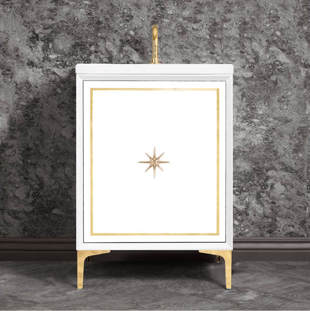 Linkasink - Linea with 3'' Polished Brass Star Hardware, 24'' Wide Vanity, White, 24'' x 22'' x 33.5'' (without vanity top) - Polished Brass