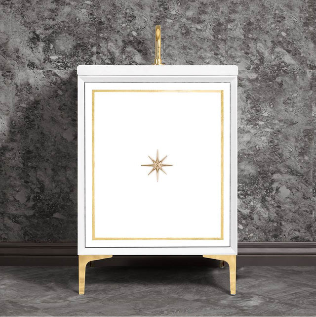 Linkasink - Linea with 3'' Polished Brass Star Hardware, 24'' Wide Vanity, White, 24'' x 22'' x 33.5'' (without vanity top) - Polished Brass