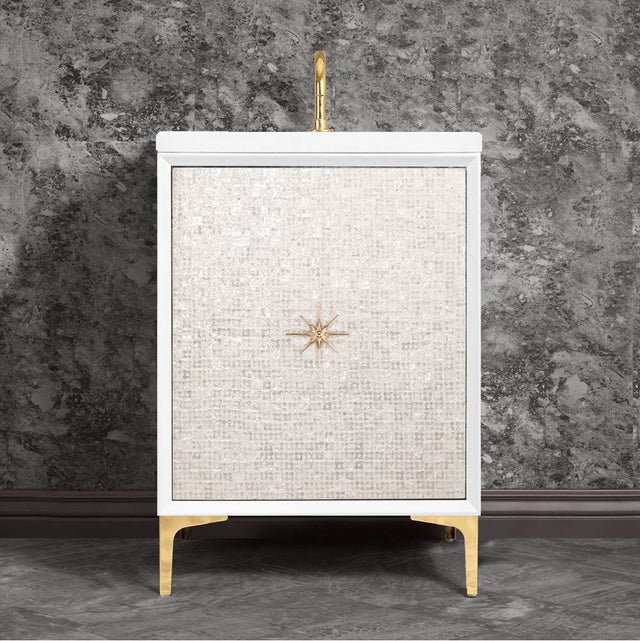 Linkasink - Mother of Pearl with 3'' Polished Brass Star Hardware, 24'' Wide Vanity, White, 24'' x 22'' x 33.5'' (without vanity top) - Polished Brass
