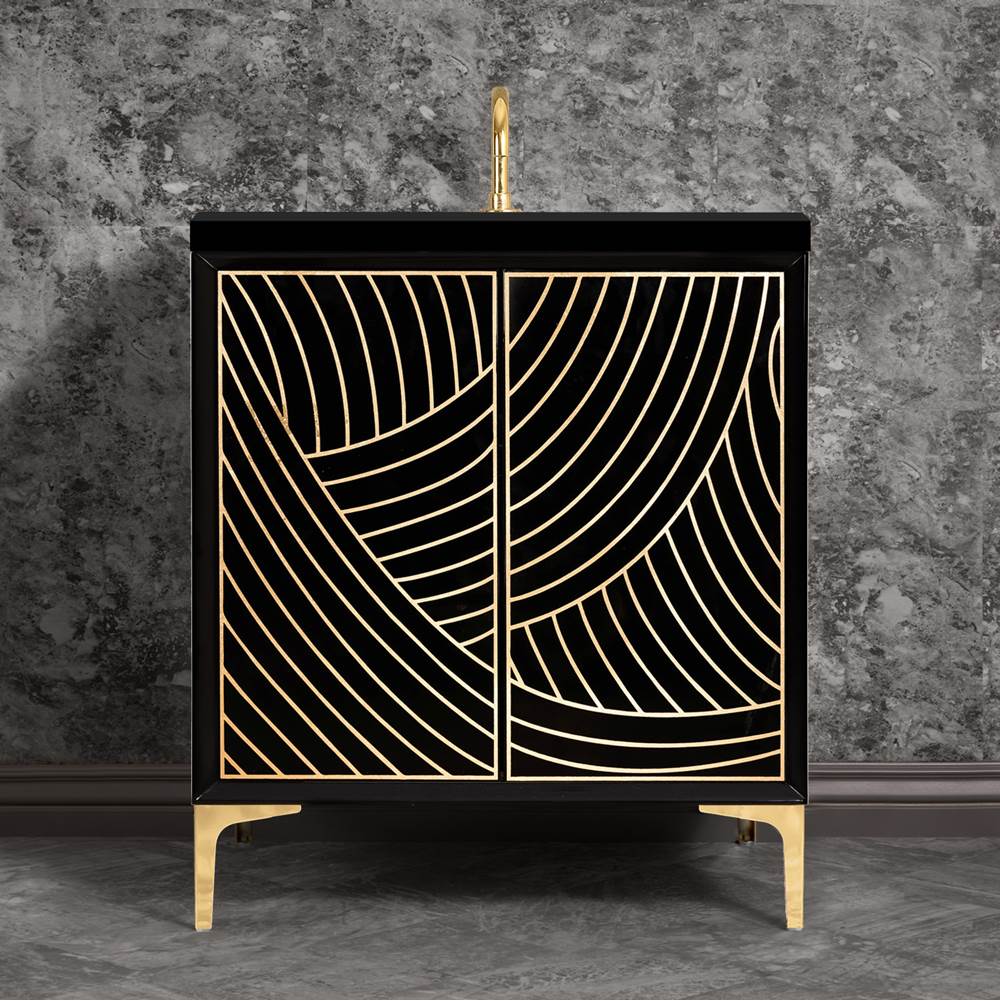 Linkasink - Lateen 30'' Wide Black Vanity with Hand Applied Metal Leaf and Polished Brass Hardware, 30'' x 22'' x 33.5'' (without vanity top) - Black with Polished Brass Hardware