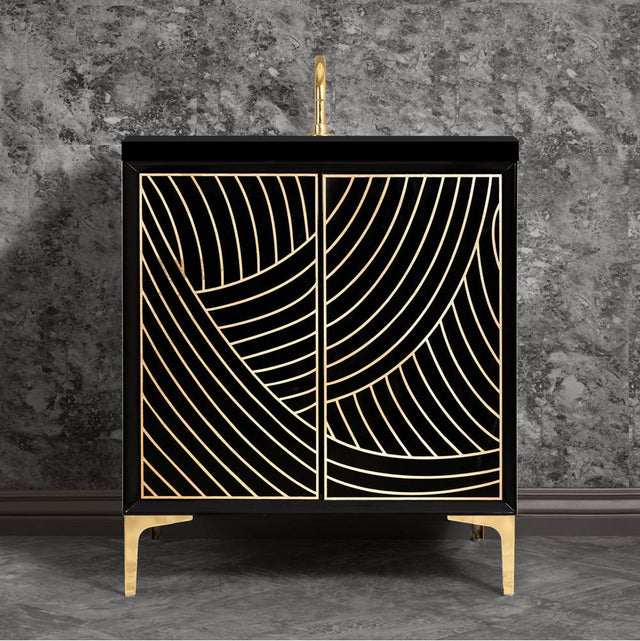 Linkasink - Lateen 30'' Wide Black Vanity with Hand Applied Metal Leaf and Polished Brass Hardware, 30'' x 22'' x 33.5'' (without vanity top) - Black with Polished Brass Hardware