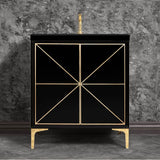 Linkasink - Divergence 30'' Wide Black Vanity with Hand Applied Metal Leaf and Polished Brass Hardware, 30'' x 22'' x 33.5'' (without vanity top) - Black with Polished Brass Hardware