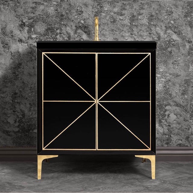 Linkasink - Divergence 30'' Wide Black Vanity with Hand Applied Metal Leaf and Polished Brass Hardware, 30'' x 22'' x 33.5'' (without vanity top) - Black with Polished Brass Hardware