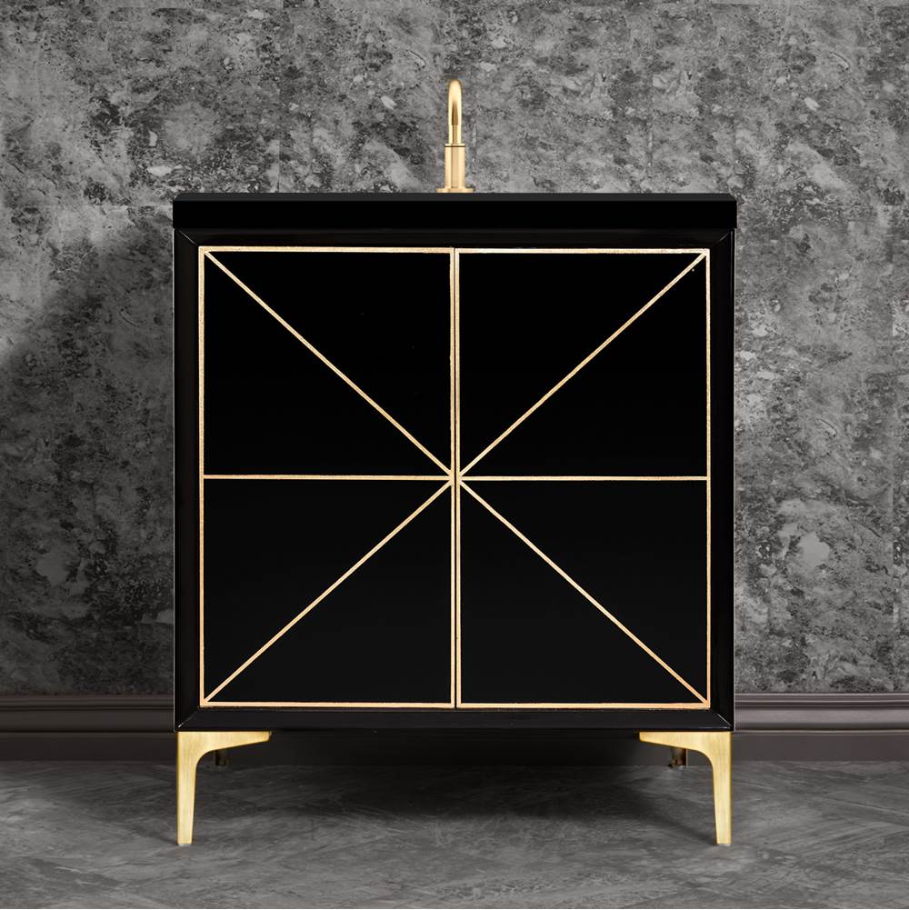Linkasink - Divergence 30'' Wide Black Vanity with Hand Applied Metal Leaf and Satin Brass Hardware, 30'' x 22'' x 33.5'' (without vanity top) - Black with Satin Brass Hardware