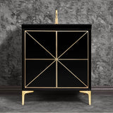 Linkasink - Divergence 30'' Wide Black Vanity with Hand Applied Metal Leaf and Satin Brass Hardware, 30'' x 22'' x 33.5'' (without vanity top) - Black with Satin Brass Hardware
