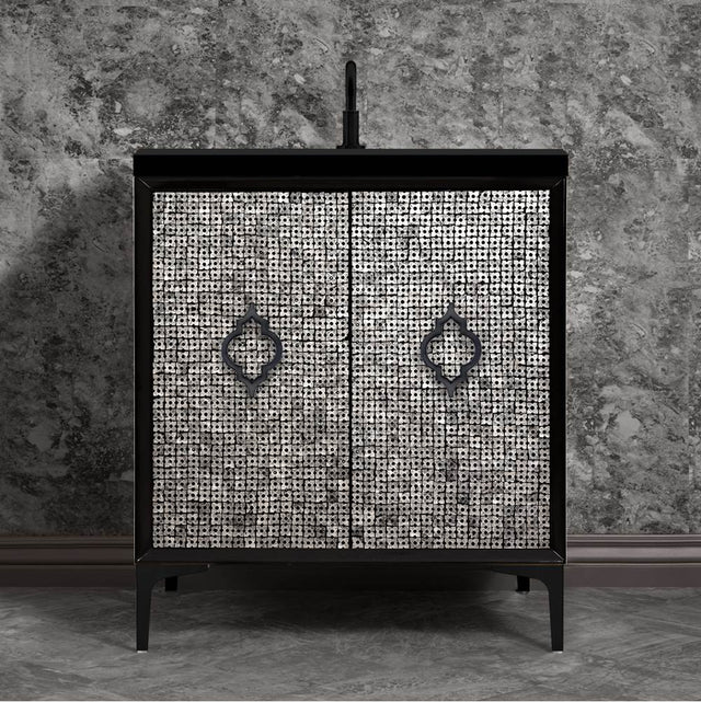 Linkasink - Mother of Pearl 30'' Wide Black Vanity with Satin Black Arabesque Pull and Hardware, 30'' x 22'' x 33.5'' (without vanity top) - Black with Black Hardware