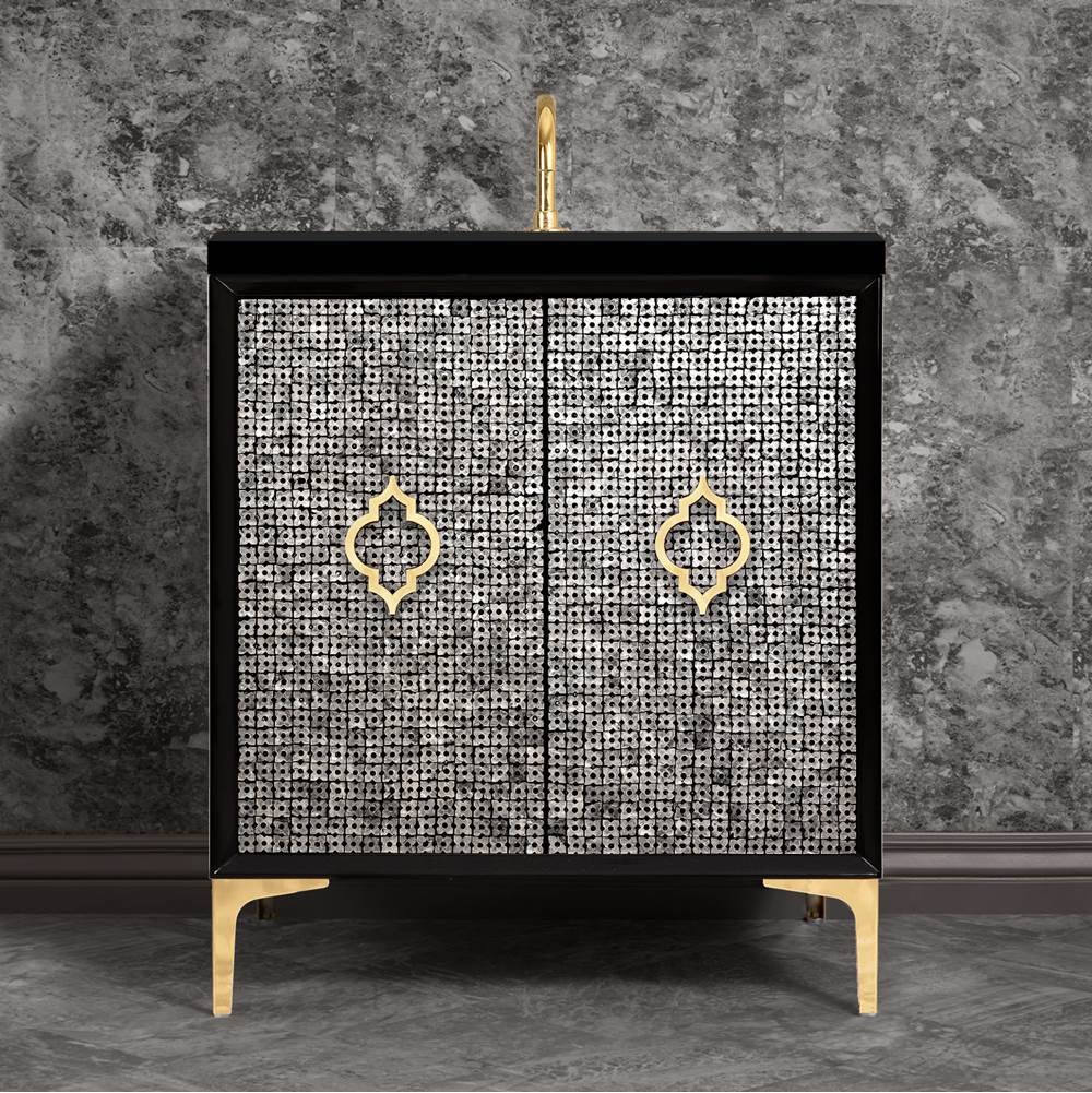 Linkasink - Mother of Pearl 30'' Wide Black Vanity with Polished Brass Arabesque Pull and Hardware, 30'' x 22'' x 33.5'' (without vanity top) - Black with Polished Brass Hardware