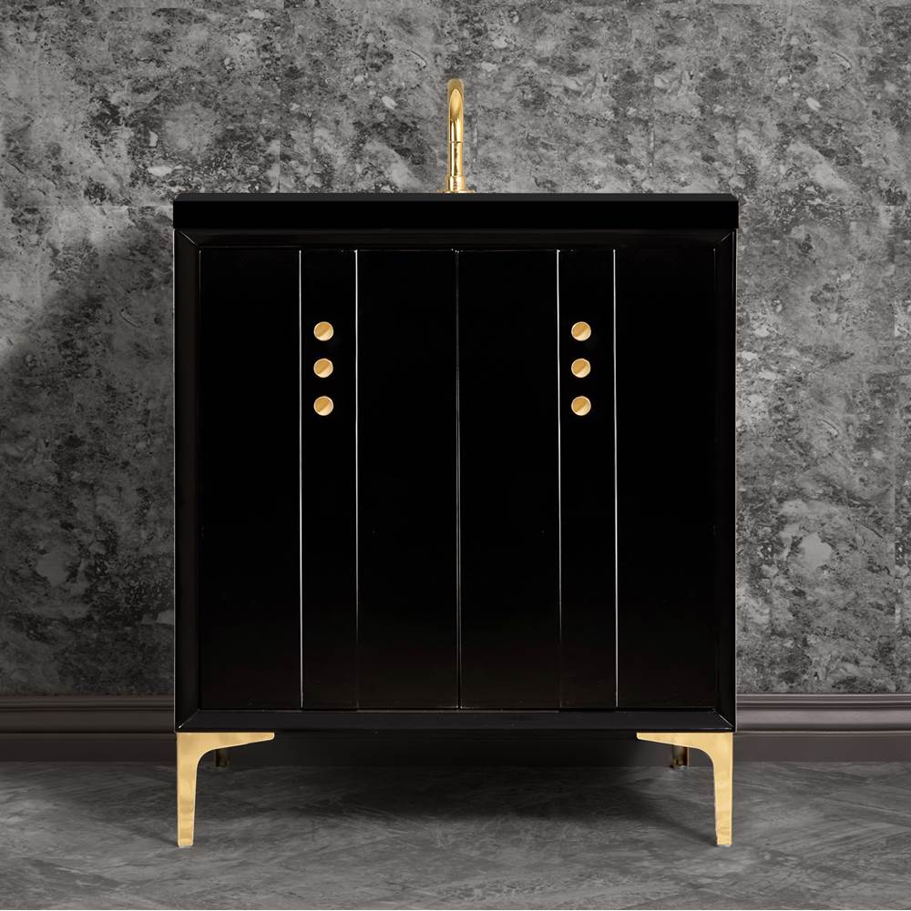 Linkasink - Tuxedo 30'' Wide Black Vanity with Polished Brass Buttons and Hardware, 30'' x 22'' x 33.5'' (without vanity top) - Black with Polished Brass Hardware