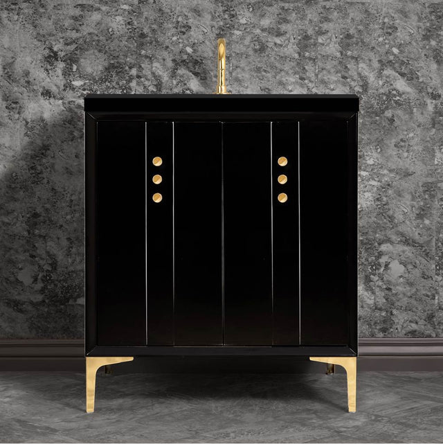 Linkasink - Tuxedo 30'' Wide Black Vanity with Polished Brass Buttons and Hardware, 30'' x 22'' x 33.5'' (without vanity top) - Black with Polished Brass Hardware