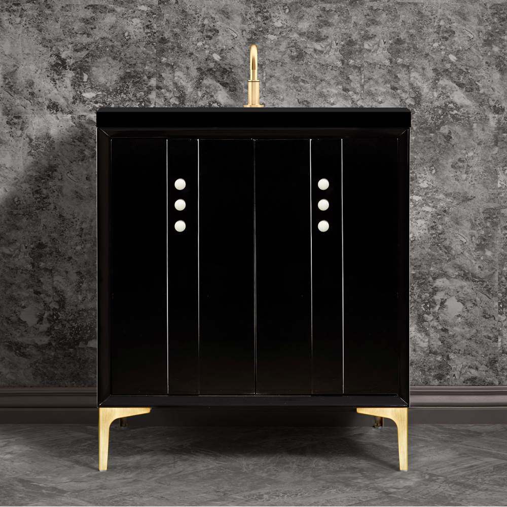 Linkasink - Tuxedo 30'' Wide Black Vanity with Satin Brass Buttons and Hardware, 30'' x 22'' x 33.5'' (without vanity top) - Black with Satin Brass Hardware
