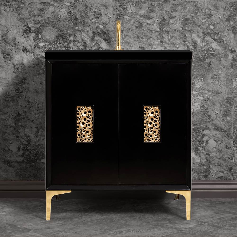 Linkasink - Frame 30'' Wide Black Vanity with Polished Brass Coral Grate and Legs, 30'' x 22'' x 33.5'' (without vanity top) - Black with Polished Brass Hardware