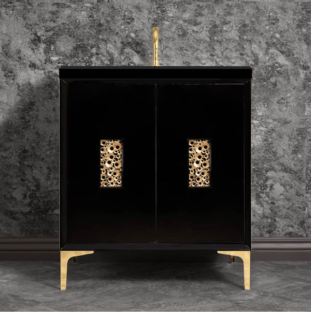 Linkasink - Frame 30'' Wide Black Vanity with Polished Brass Coral Grate and Legs, 30'' x 22'' x 33.5'' (without vanity top) - Black with Polished Brass Hardware