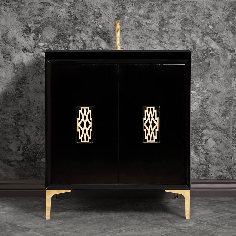 Linkasink - Frame 30'' Wide Black Vanity with Polished Brass Deco Grate and Legs, 30'' x 22'' x 33.5'' (without vanity top) - Black with Polished Brass Hardware