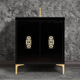 Linkasink - Frame 30'' Wide Black Vanity with Polished Brass Deco Grate and Legs, 30'' x 22'' x 33.5'' (without vanity top) - Black with Polished Brass Hardware
